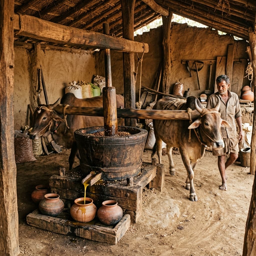 Traditional wood pressed ghani oil extraction at Vistara